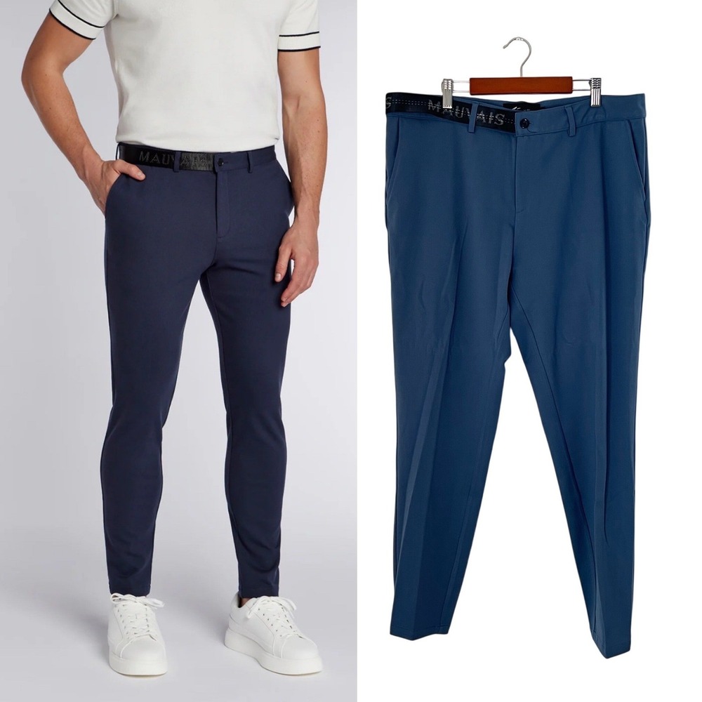 MAUVAIS Mens Blue Signature half belt Slim Fit Pants Size 36 L‎ XL